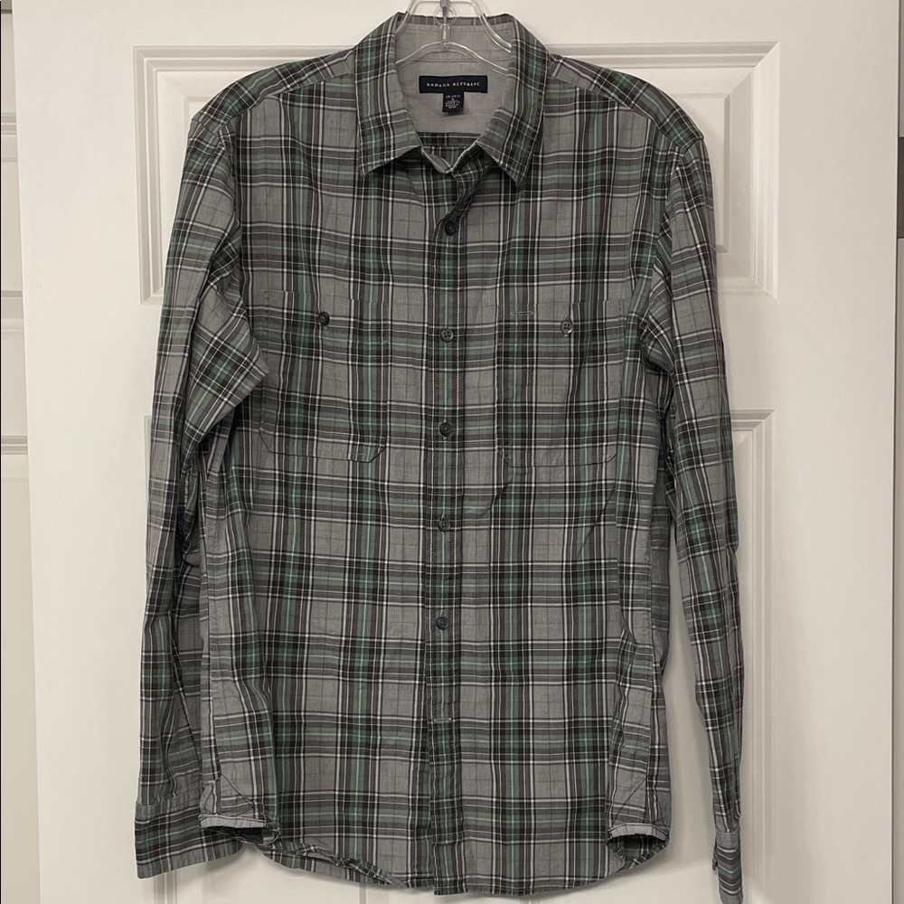 Banana Republic Gray and Green Plaid Casual Shirt